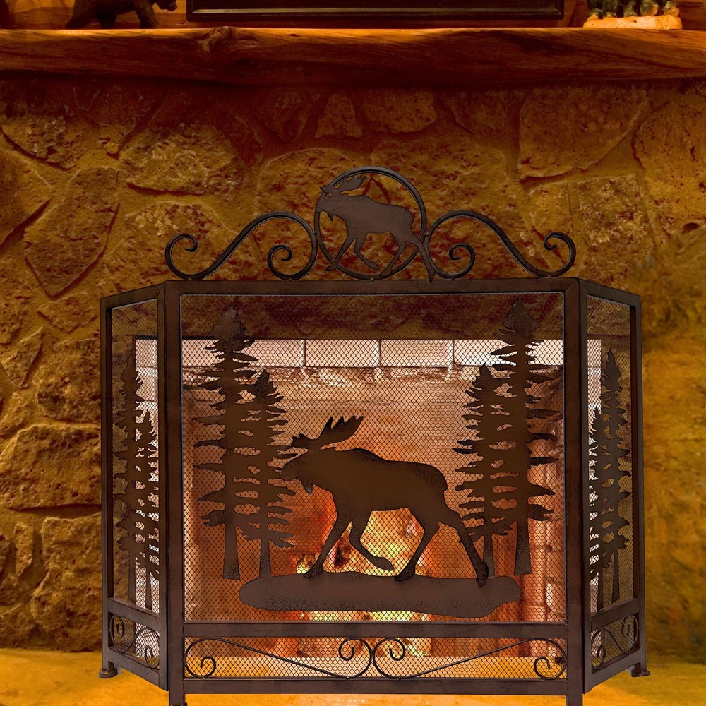 3-Panel Fireplace Screen with Moose in the Forest Design