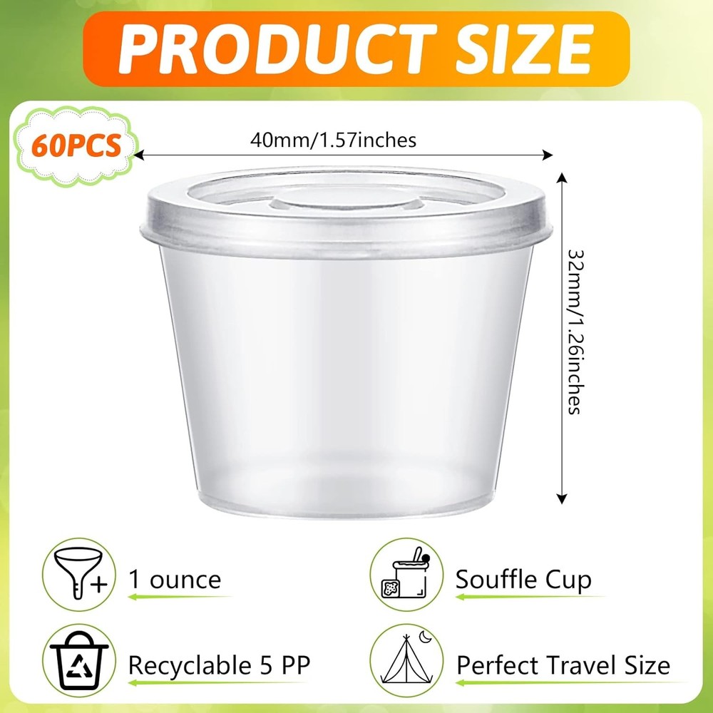 Lounsweer 60 Pack Plastic Condiment Souffle Containers with Attached Clear