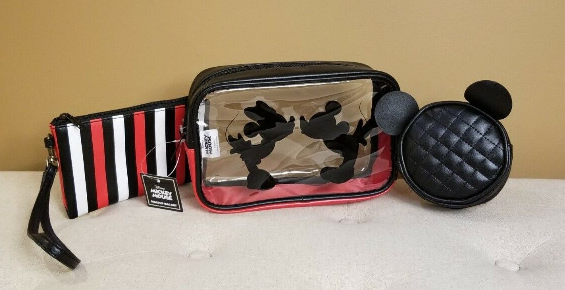 Disney Mickey Minnie Mouse Silhouette Kissing Cosmetic Makeup Bag Set NEW