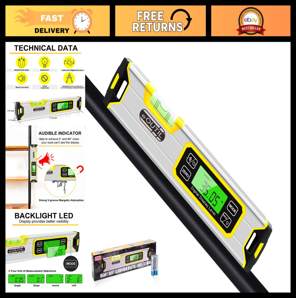 12" Digital Level Protractor IP54 Bubble Inclinometer Angle Finder LED Backlight