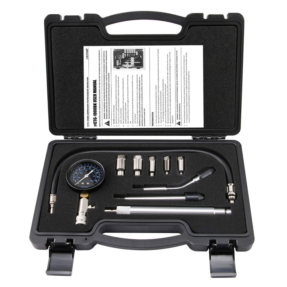 Engine Compression Tester Kit – Gasoline Pressure Gauge with Adaptors & Hoses