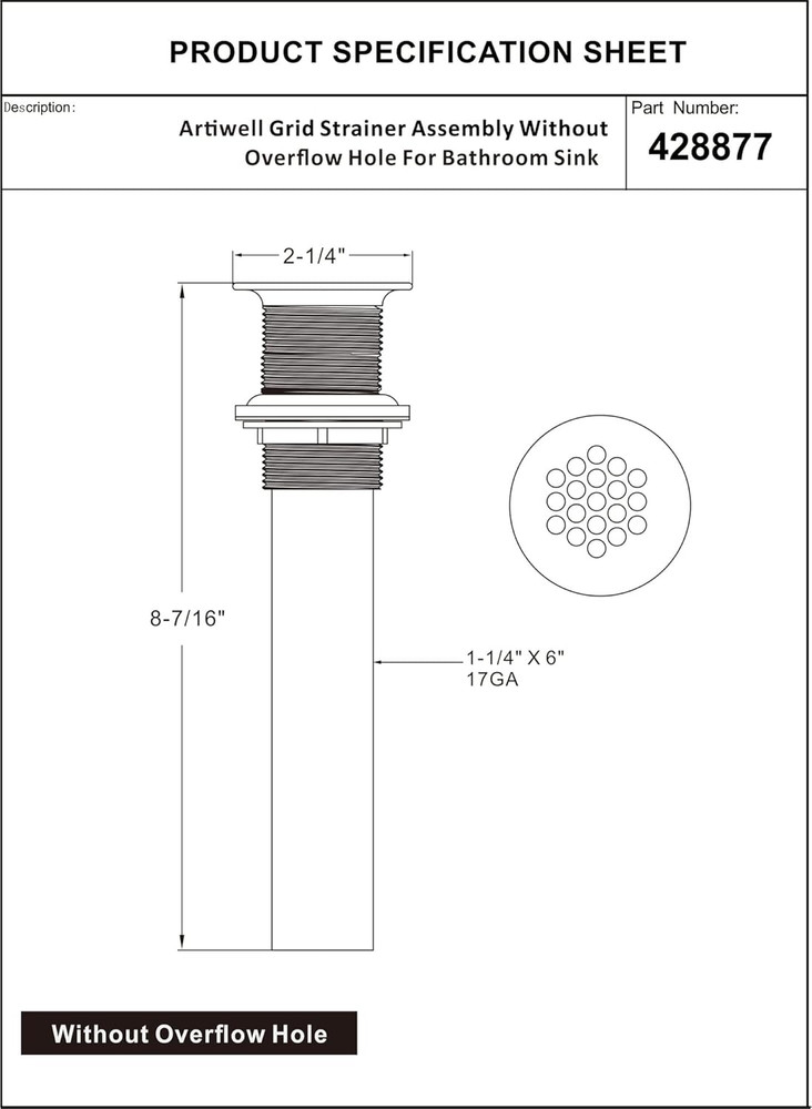 Grid Drain Strainer Assembly without Overflow for Bathroom Sink, C.O. Plug Lavat