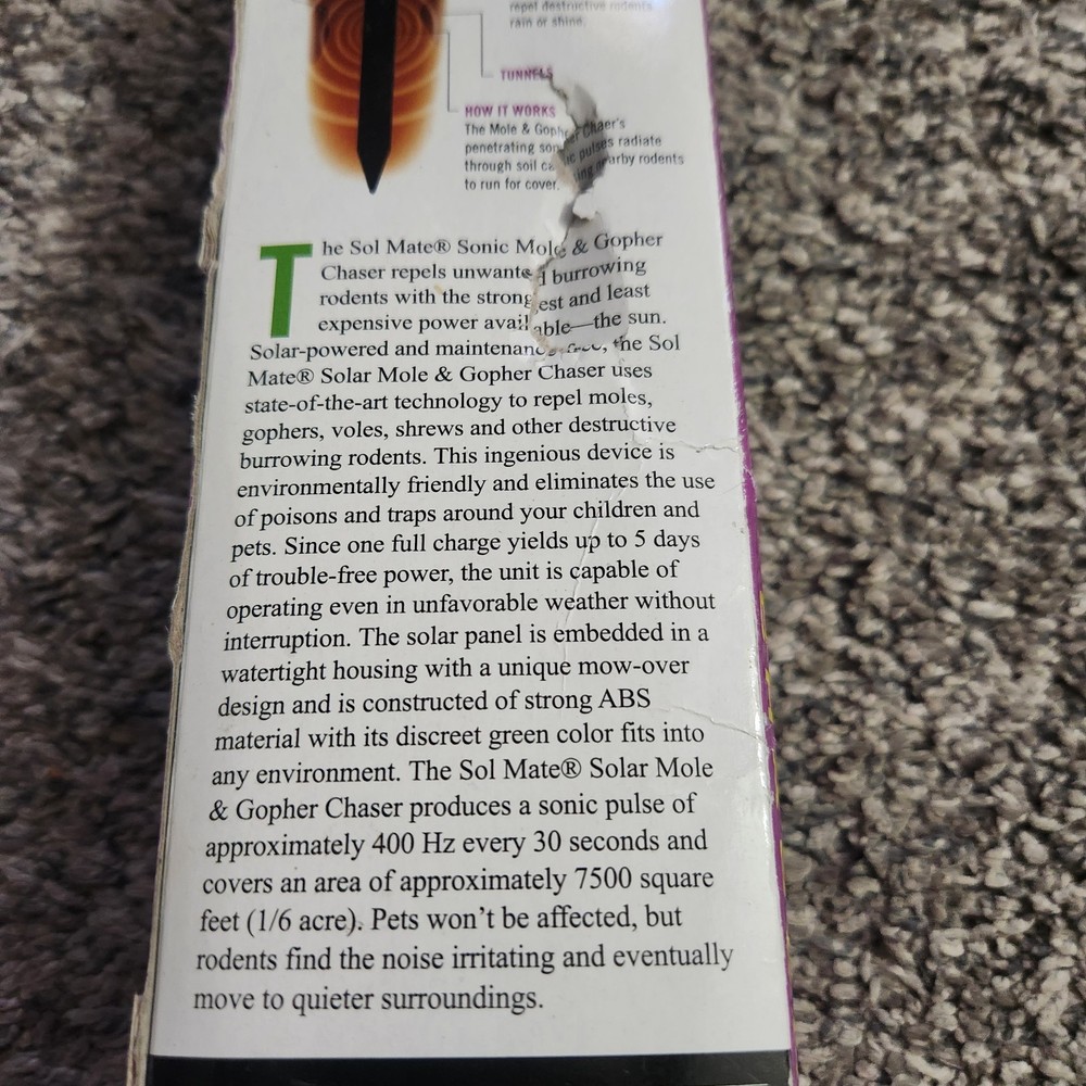 Mole Gopher Chaser Repeller P3 Sol Mate Solar Powered Sonic Action NEW OPEN BOX