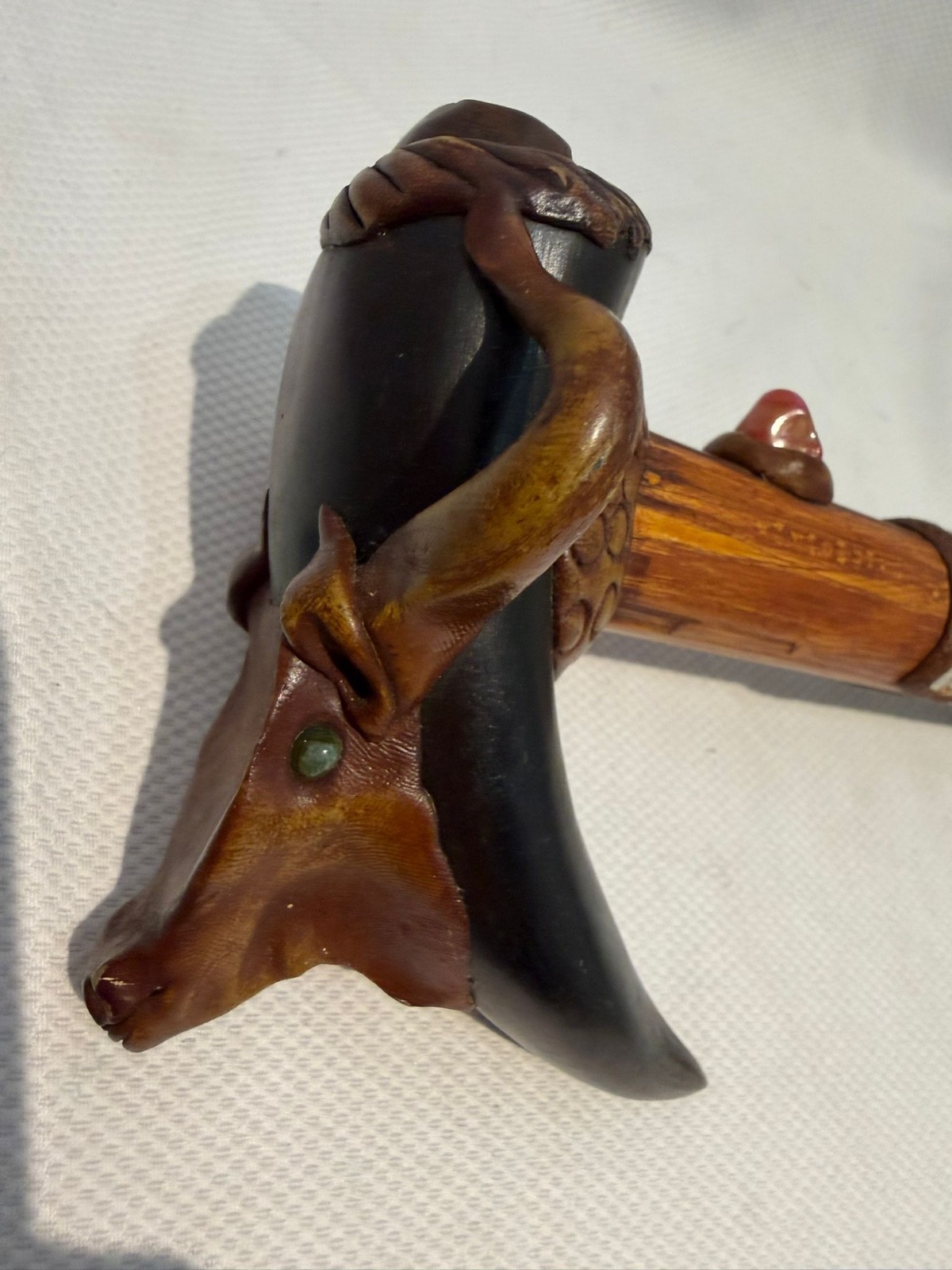 Vintage Hand-Carved Wooden Pipe Bull Head Horn Design Tribal Ethnic Decor