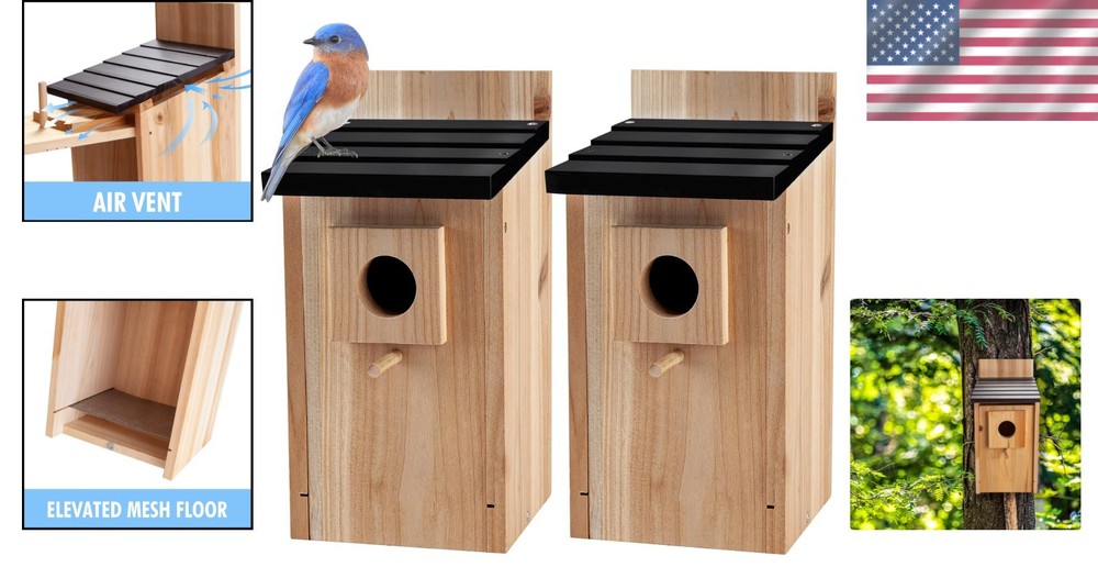 Blue Wood Bird Box House Set - 2PK
