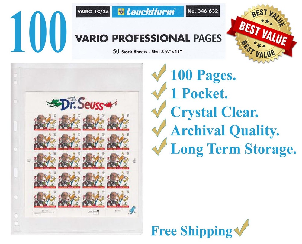 100 Lighthouse Vario 1C Clear Pages 1 Pocket For Stamp Block Sheet Archival New