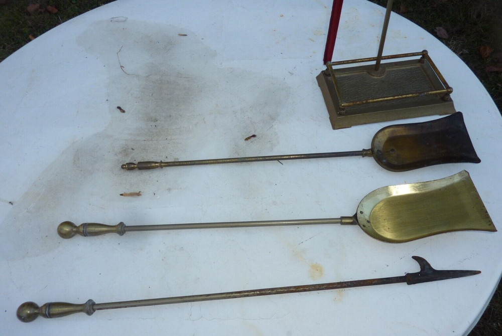 Vintage Fireplace Tool Set Brass Handles Base 4 Piece Tools Set