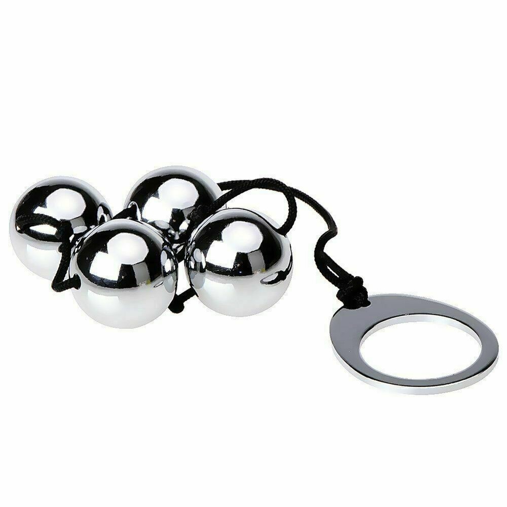 Four Heavy Metal Anal Beads with String & Easy Pull Loop Ring 10 Inch
