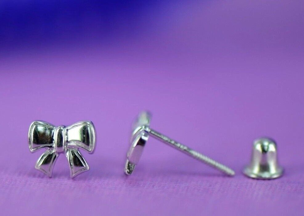 14k solid white yellow gold bow tie stud earrings cz