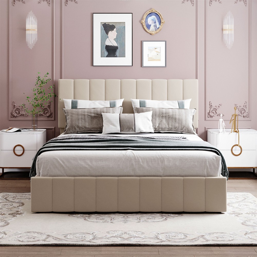 Queen Size Bed Frame Upholstered Platform Bed with Hydraulic Storage System