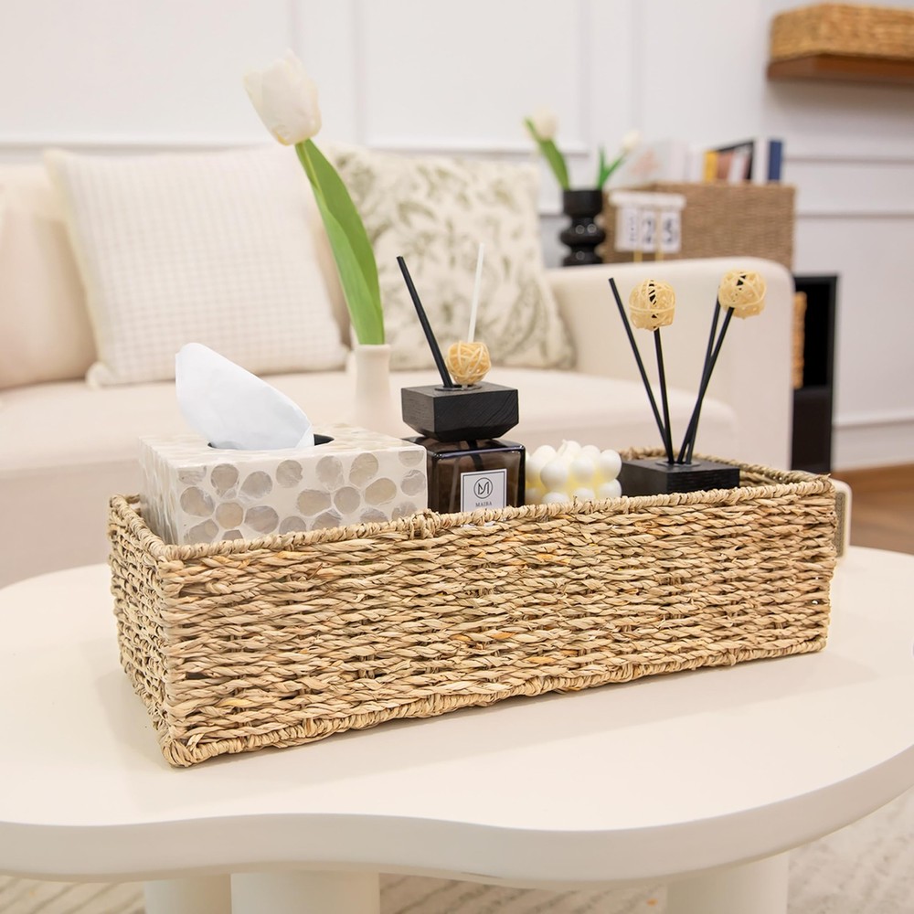2-Pack Rectangular Seagrass Storage Baskets with Built-In Handles, Handwoven ...