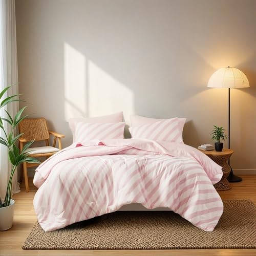 Reversible Striped Comforter Set, Soft Microfiber Bedding Set with King Blush