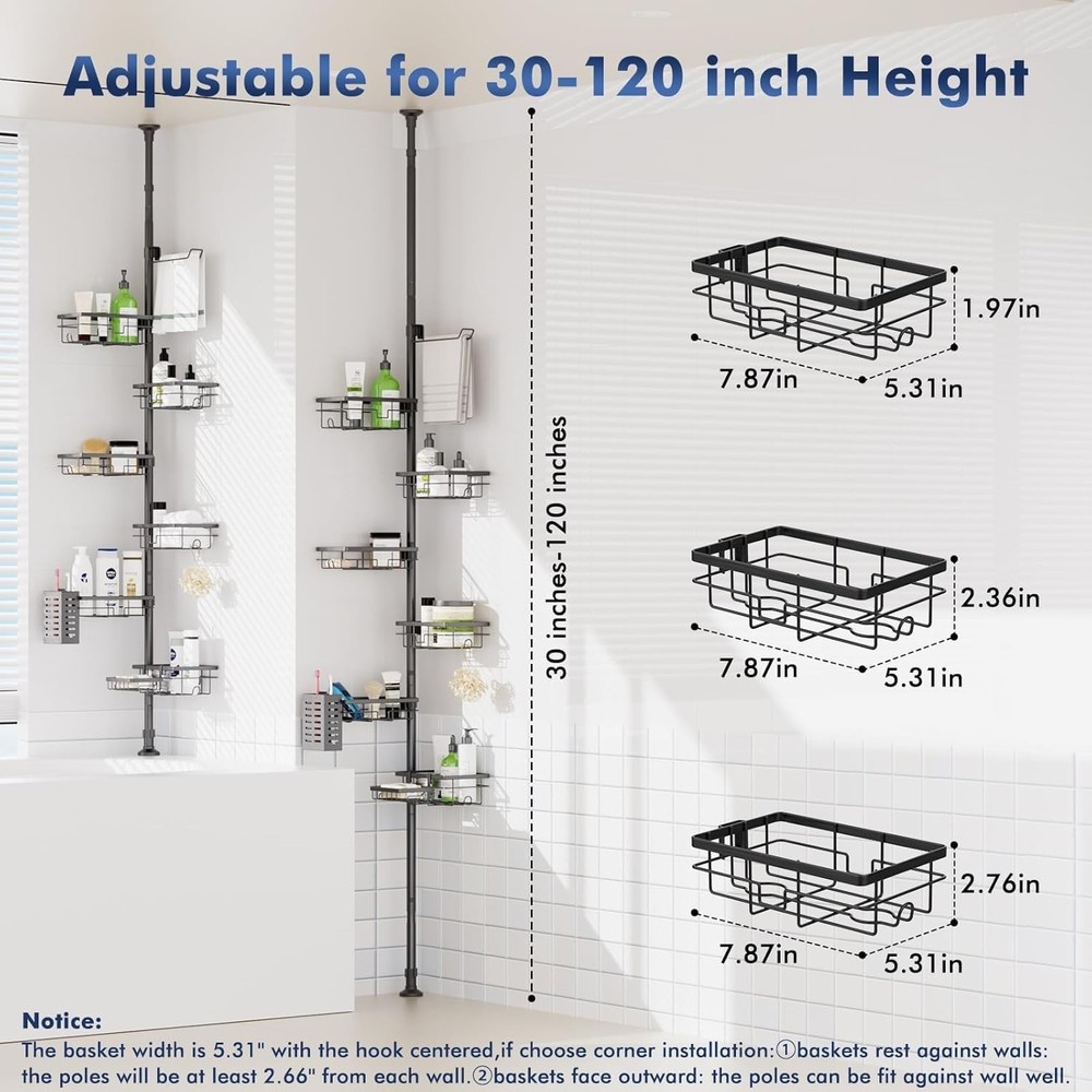 Rustproof 6-Pack Corner Shelf with 30-120 Inch Adjustable Shower Rack for Inside