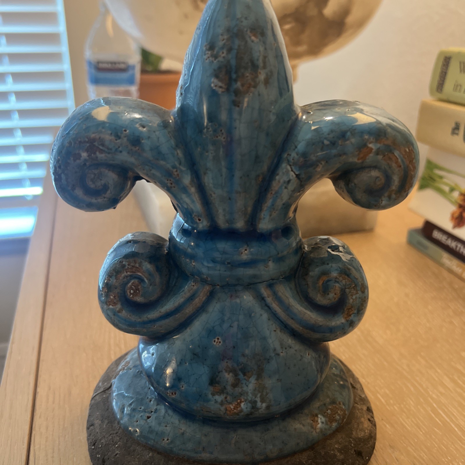 8” Blue Glazed Concrete Fleur-de-Lis Statue