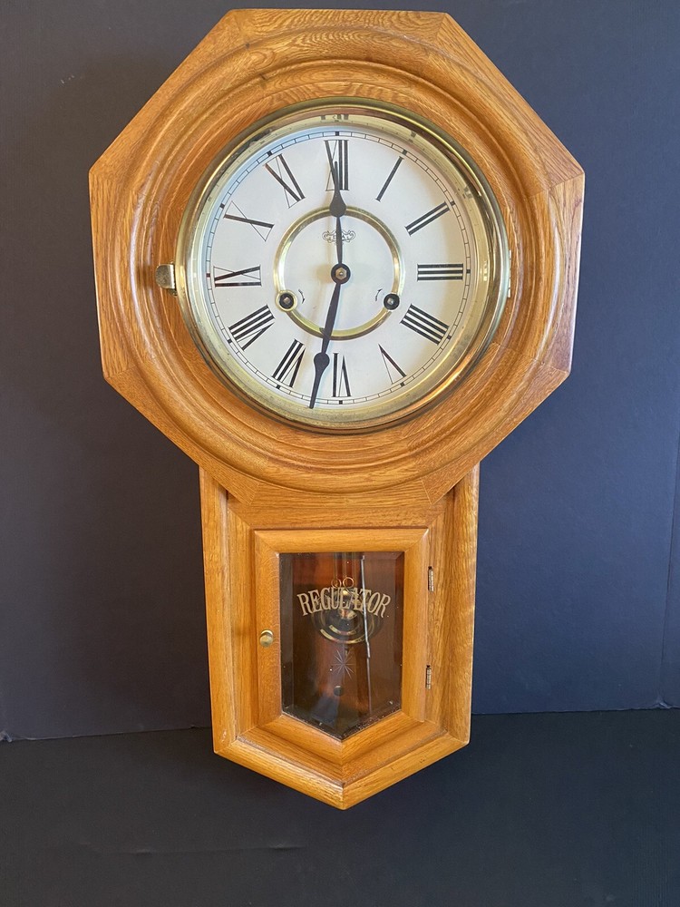 Functioning Vintage D & A Schoolhouse Regulator Wall Clock chiming with pendulum