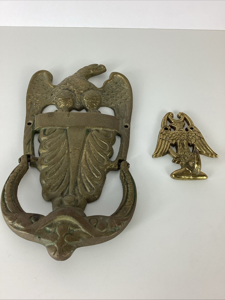2 VTG 9” Brass American Bald Eagle Door Knocker & Small Eagle Ring Hook Wall