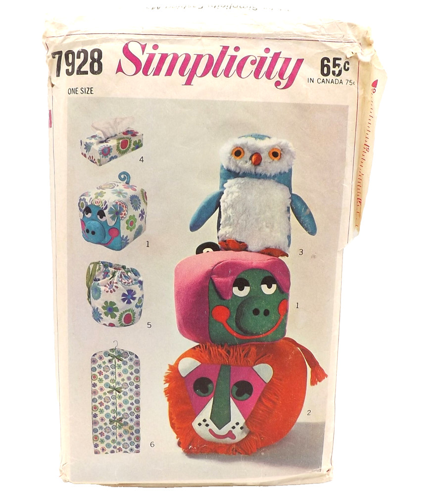 Simplicity 7928 Pillow Toy Sewing Pattern Owl Lion Pig Tissue Box Cover Vintage