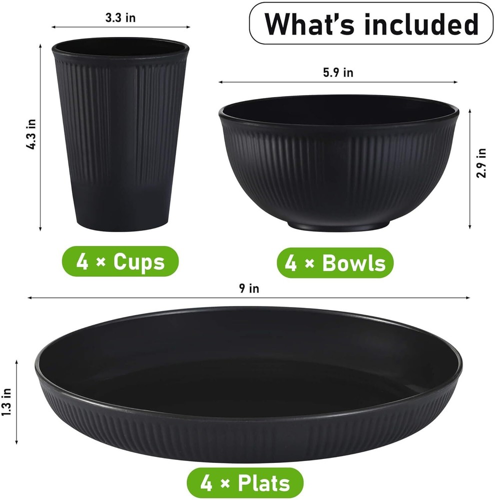 12pcs Wheat Straw Dinnerware Sets for 4, Kitchen Plate, Black