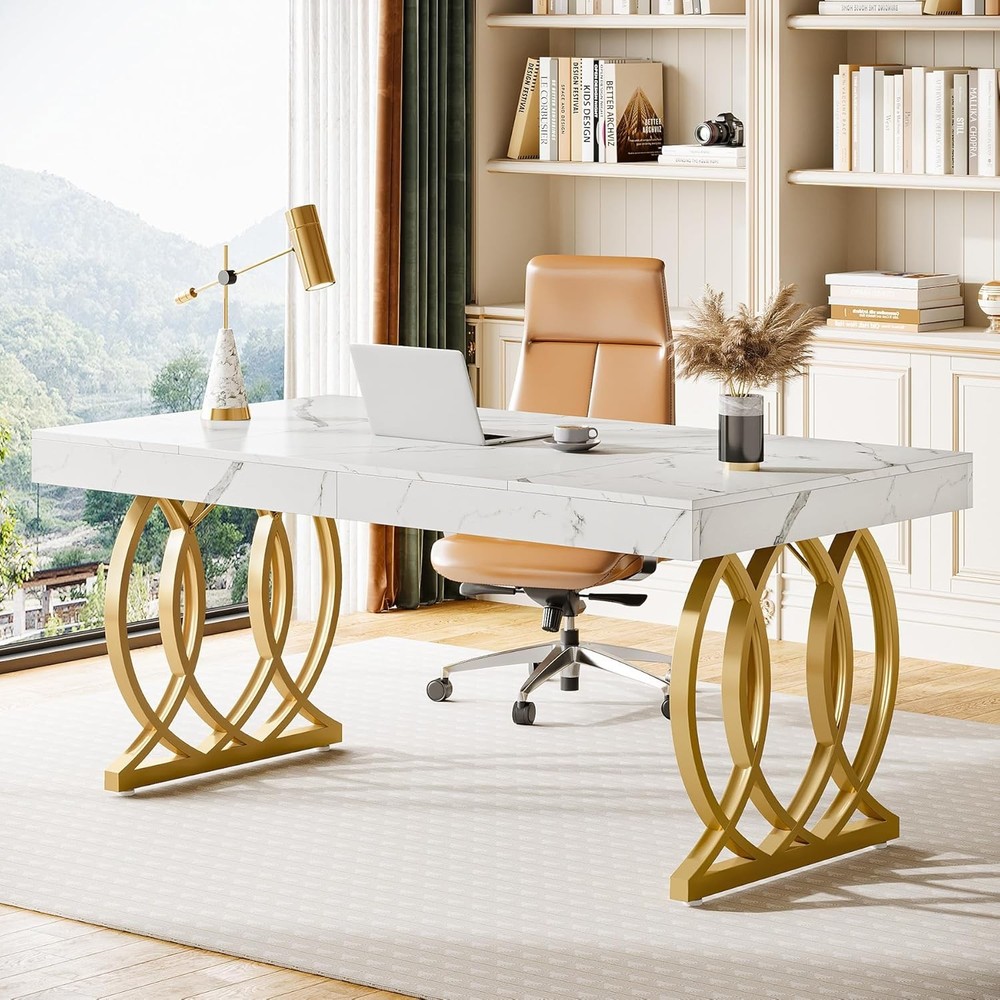 63-Inch Rectangular Executive Desk, Modern Office Computer Desk with Gold Legs