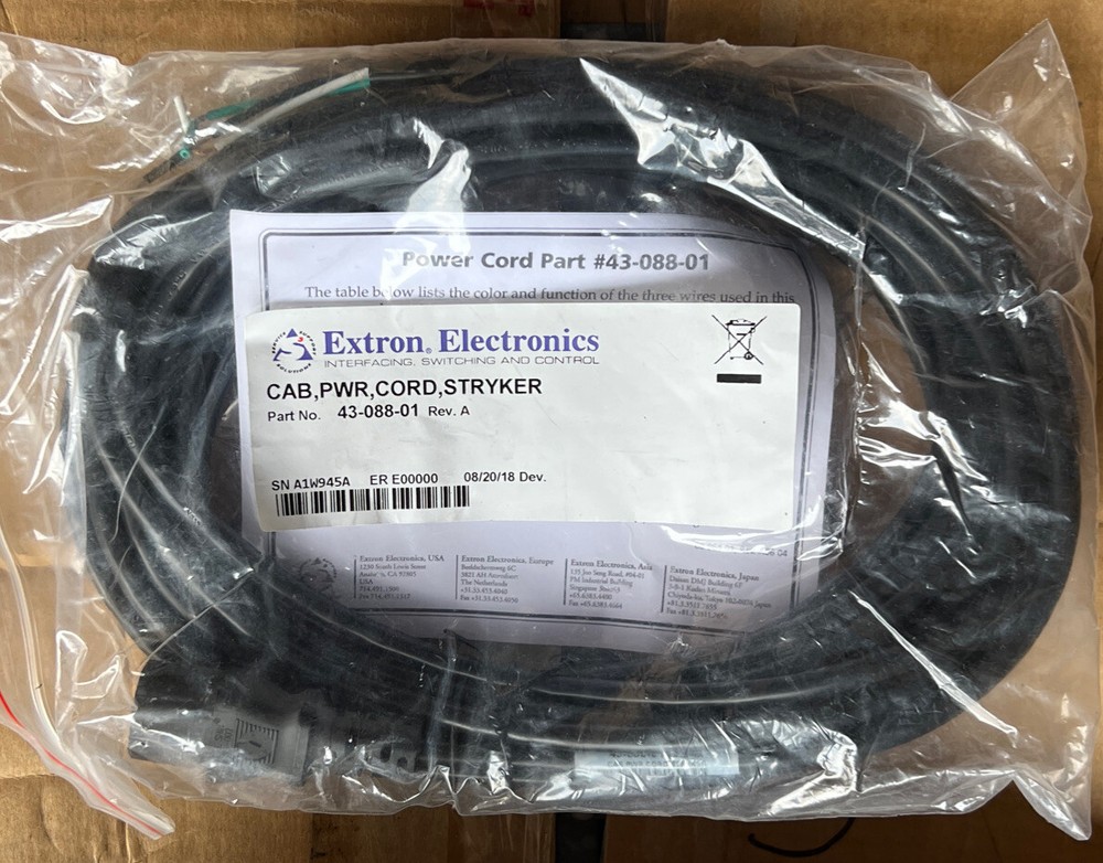 EXTRON STRYKER POWER CORD CABLE 43-088-01