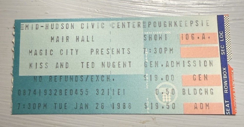KISS/TED NUGENT RARE CONCERT TICKET STUB POUGHKEEPSIE, NY 01/26/1988