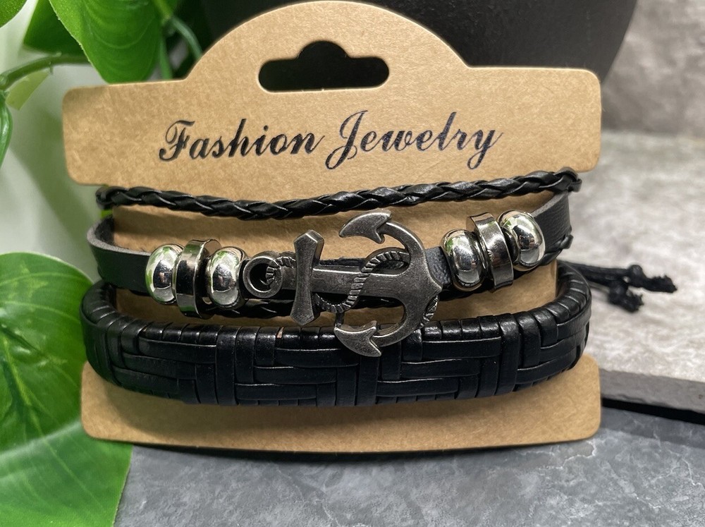 2 PC PU Leather Bracelet Set Stackable Adjustable Tie Free Ship Anchor B3345