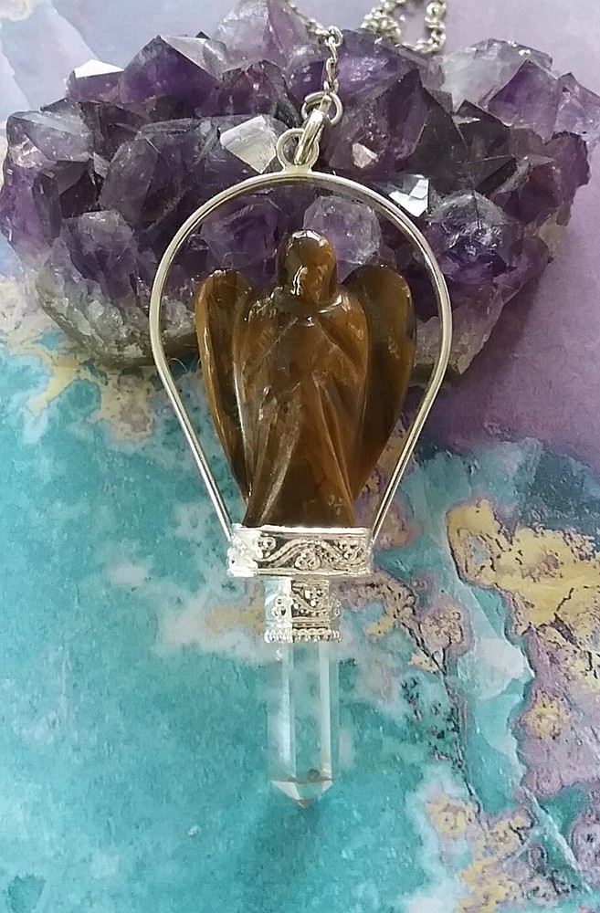 TIGER EYE DOWSING PENDULUM , ANGEL DOWSING PENDULUM with CRYSTAL QUARTZ POINT