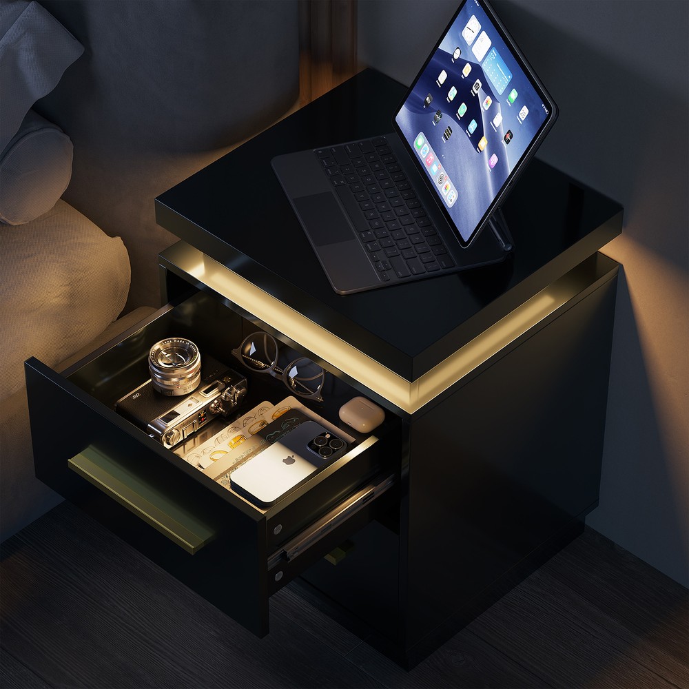 1/ 2 PCs End Table, Nightstand with RF Remote-Controlled LED Lights, Drawers