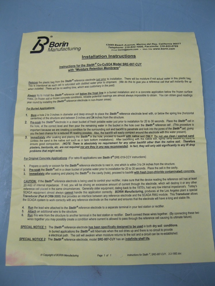 Borin Stelth Reference Electrodes SRE-007-CUY Electrode NEW C6