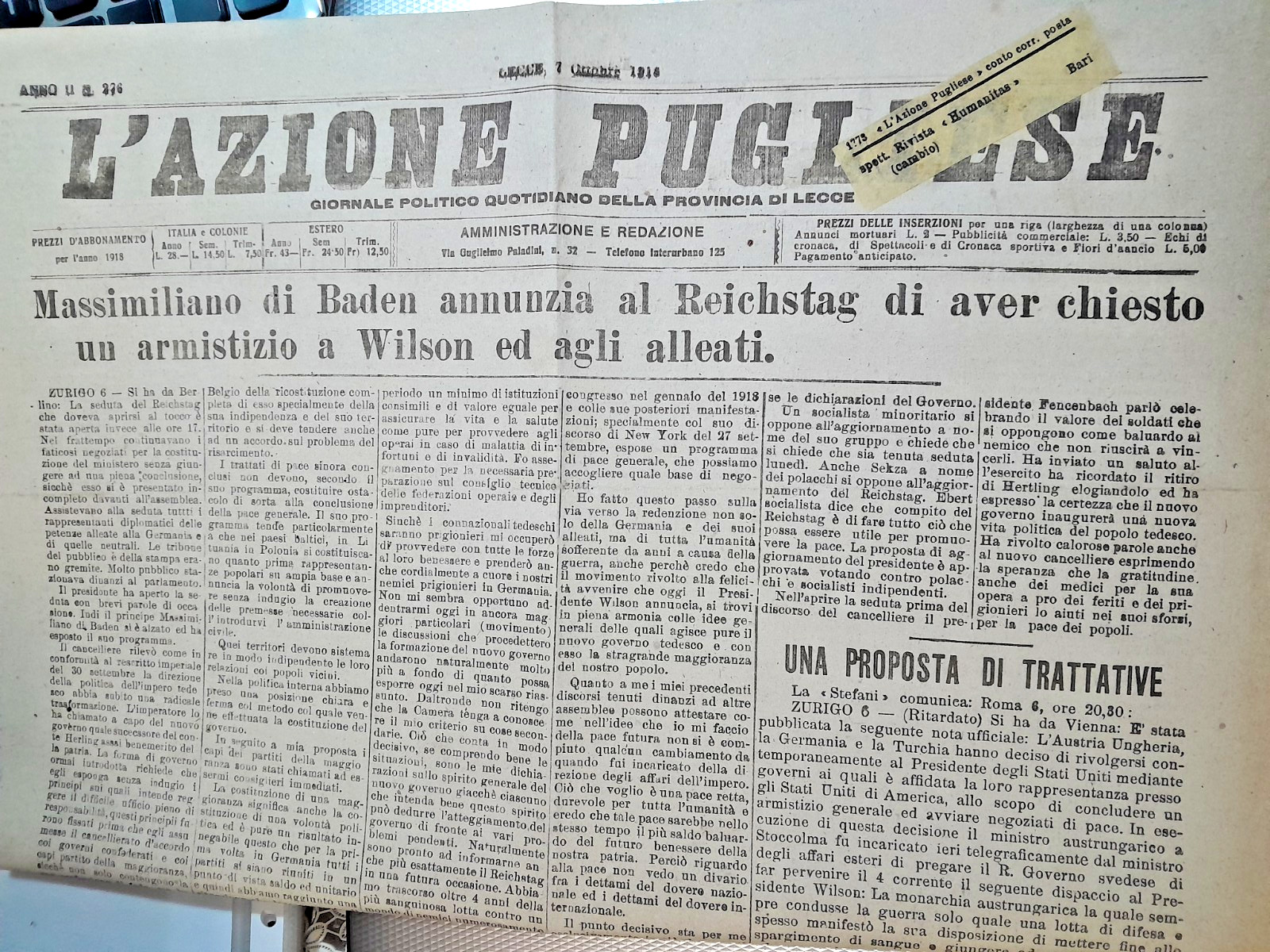 1917 LECCE "L'AZIONE PUGLIESE" POLITICAL NEWSPAPER - TRAVELLED - SEE