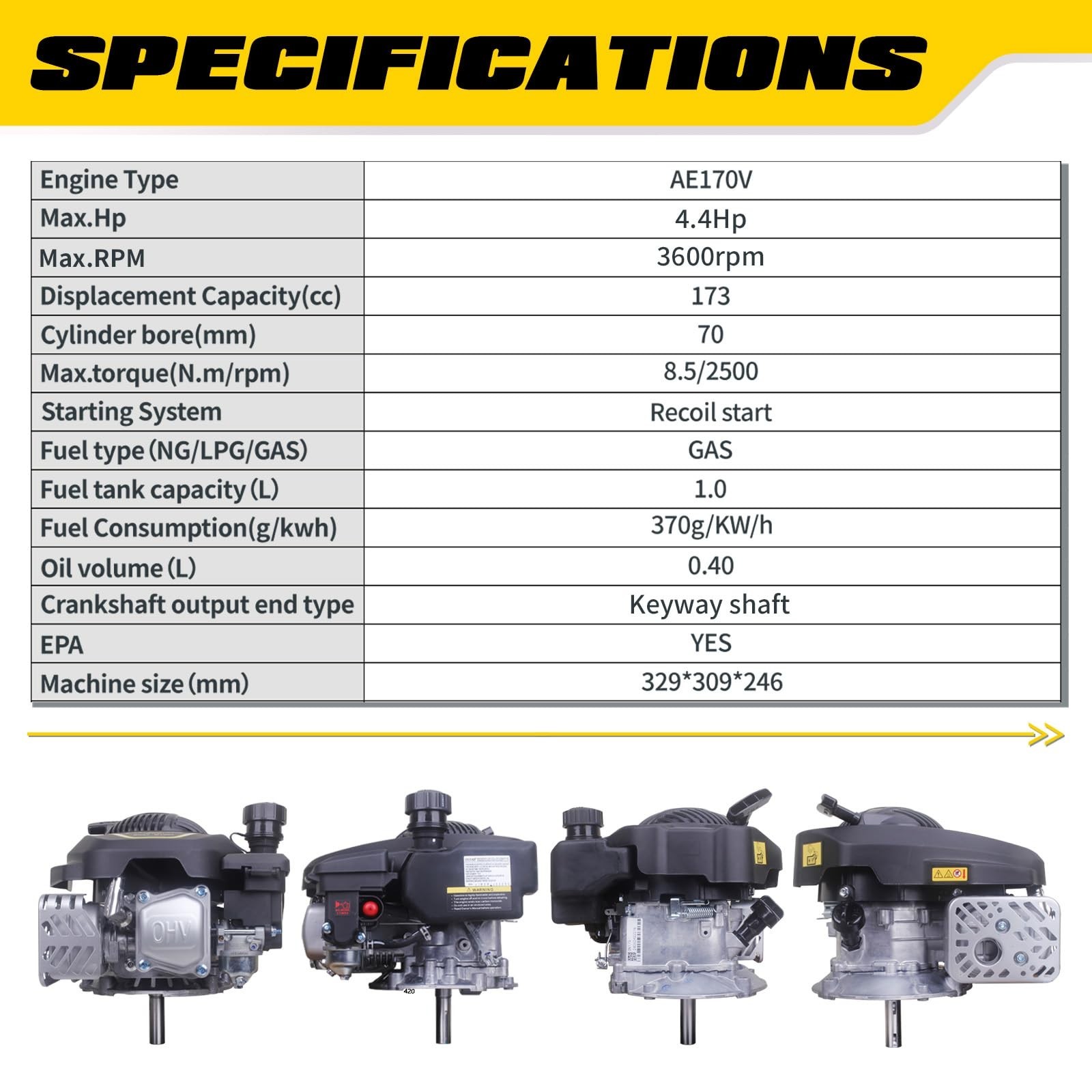 Aceup Energy 4.4HP 173cc Gas Engine Vertical Shaft 4-Stroke OHV Motor w/ Primer