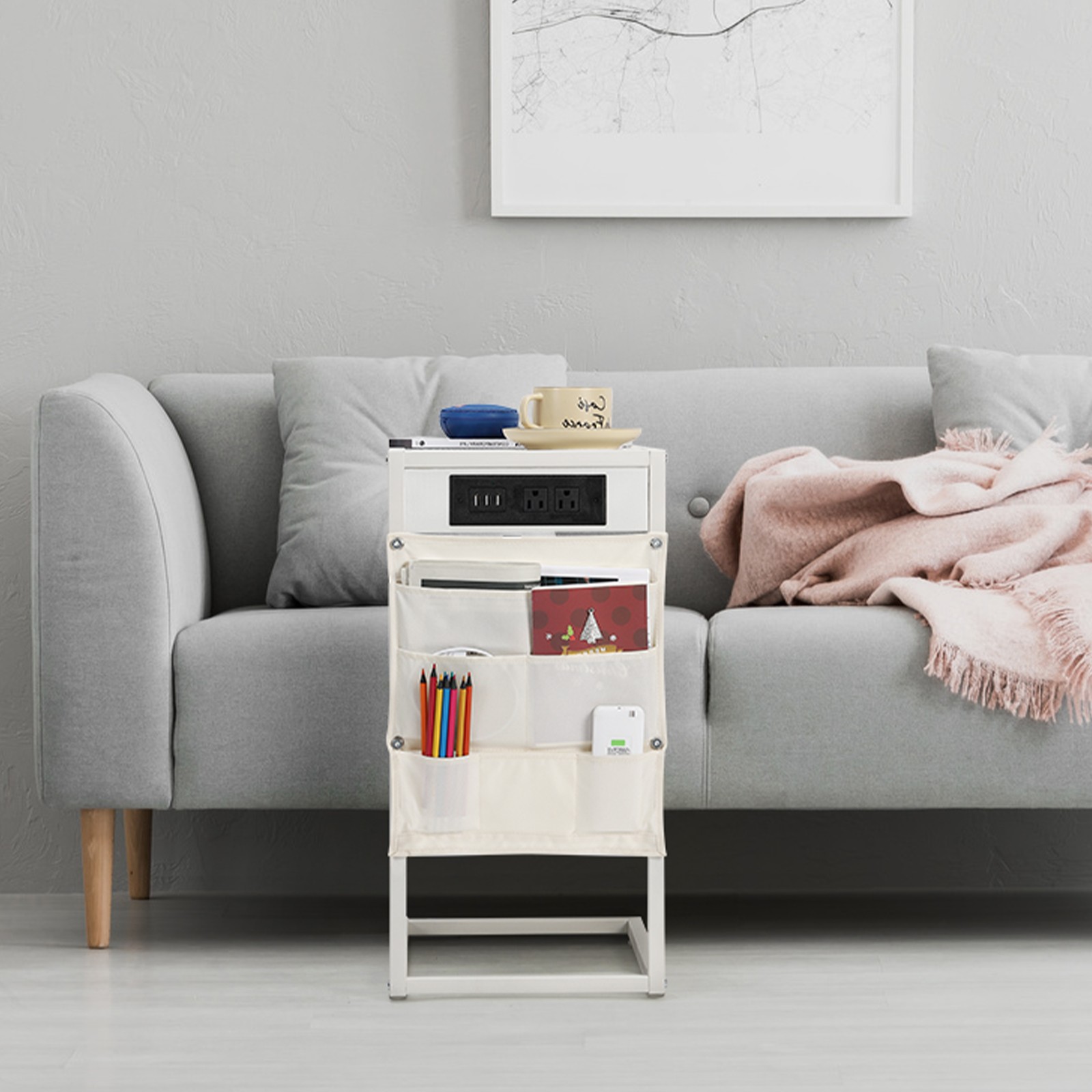 Set of 2 C Shaped End Table with Charging Station Storage Bag Couch Side Tables