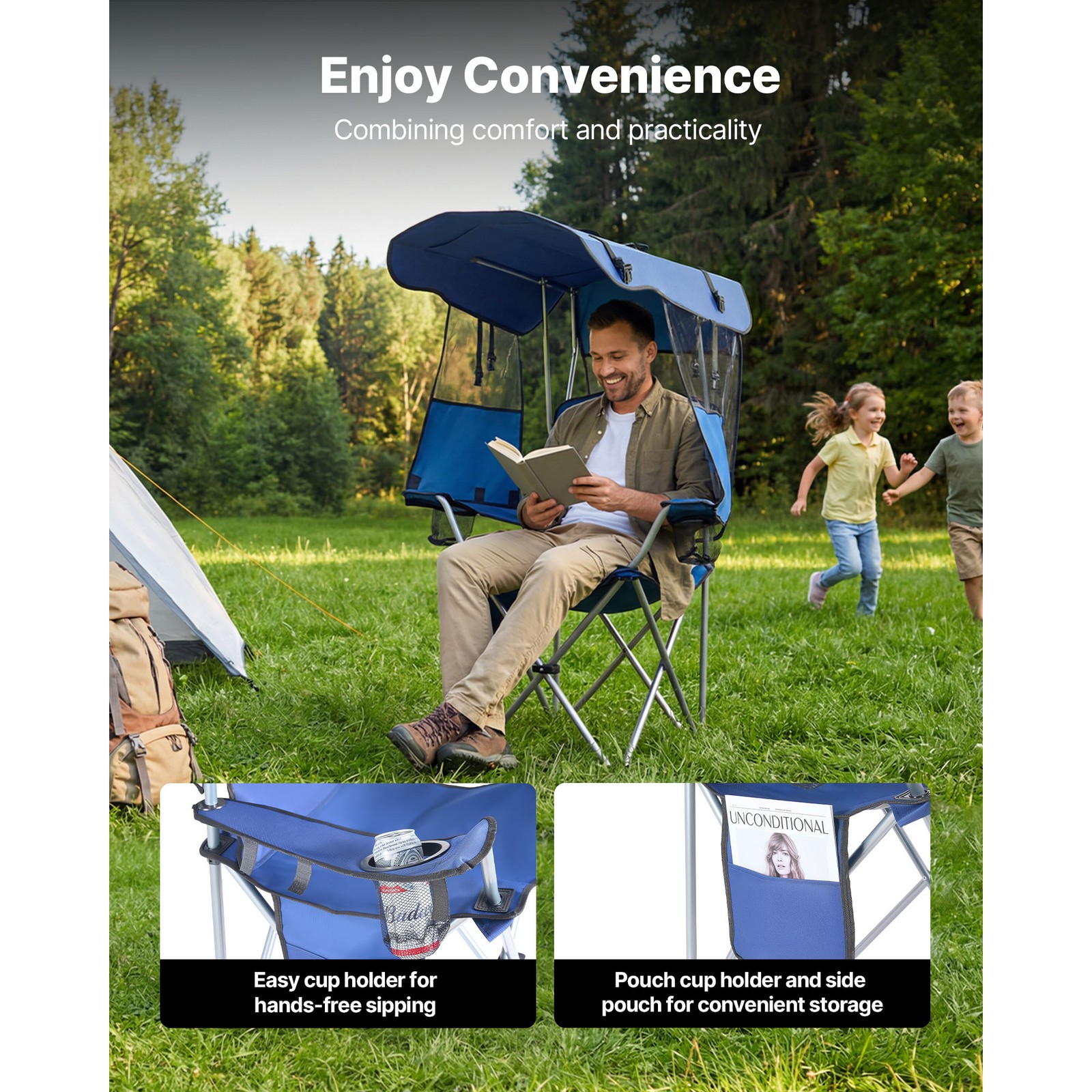 Uimoso Folding Camping Chair with Canopy, 330lbs Capacity, 2 Cup for Outdoors