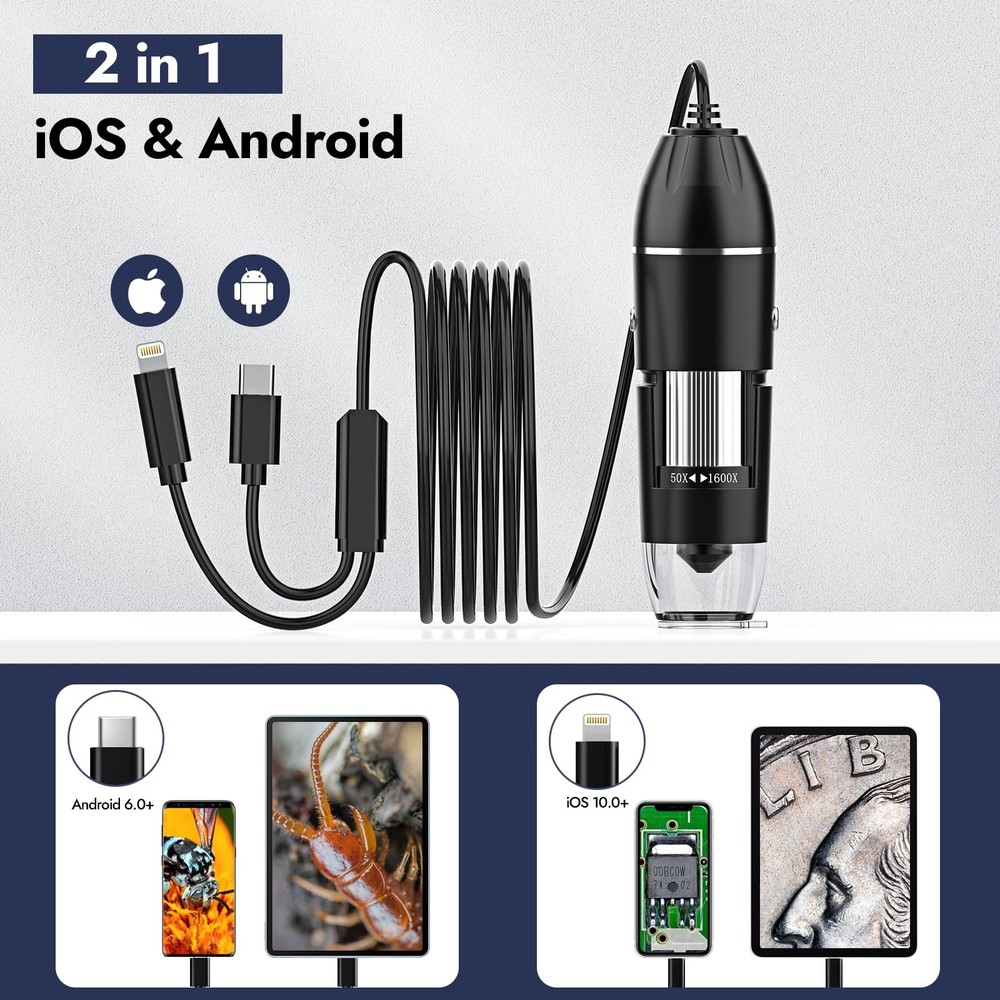 Digital Microscope, 50X-1600X Magnification Portable USB Microscope with Adju...