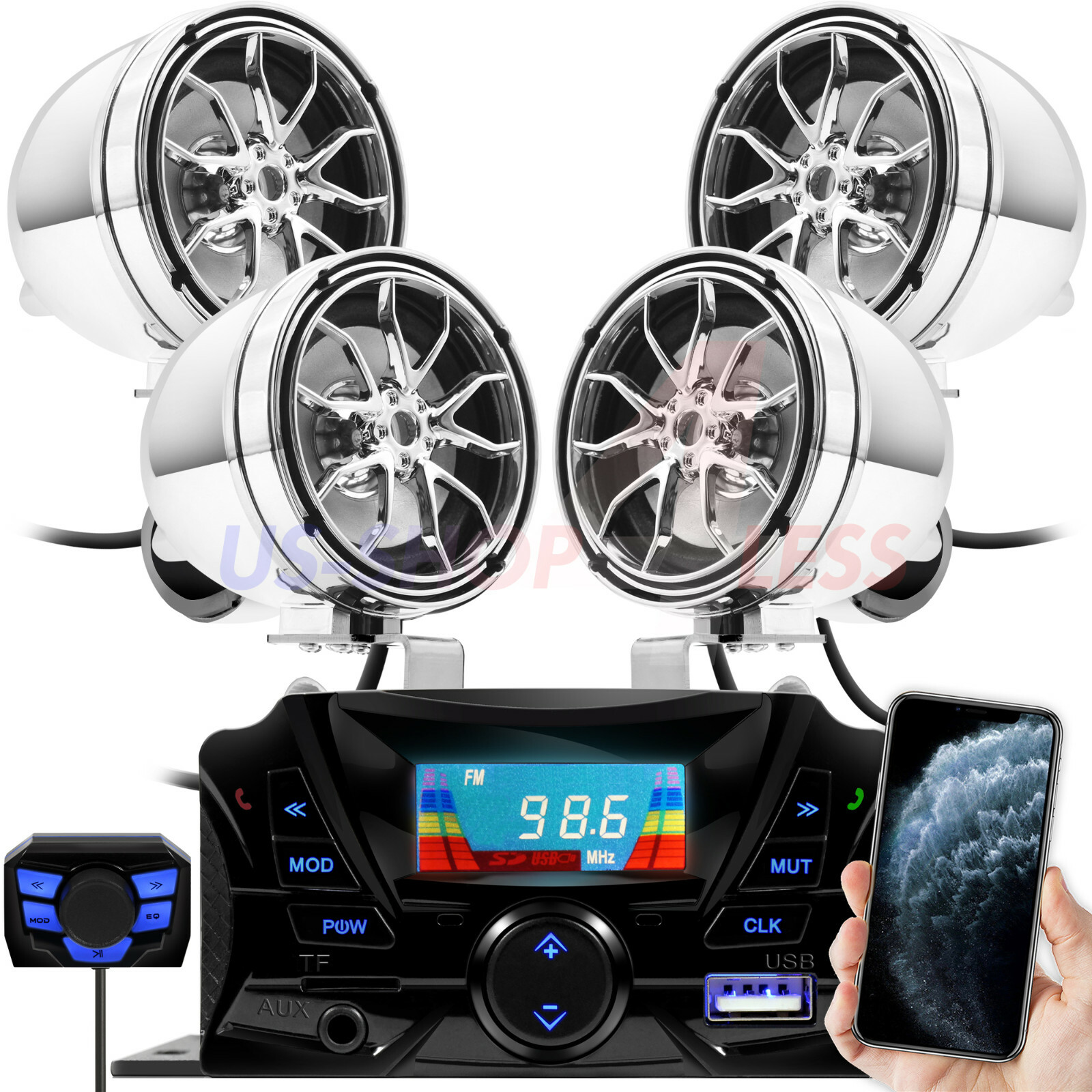 Bluetooth Motorcycle Stereo 4 Speakers Handlebar Audio System AUX USB SD Radio