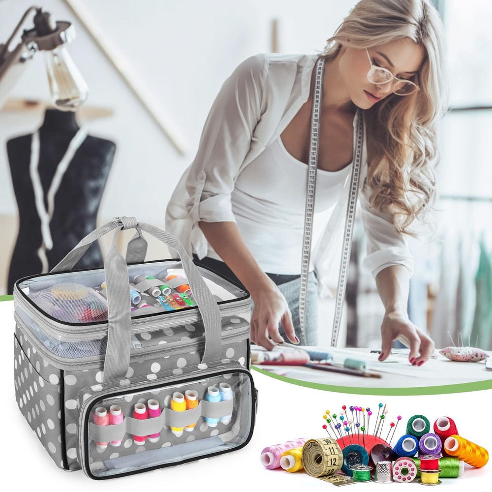 Double-Layer Sewing Storage Organizer with Transparent Compartment, Large Sew...