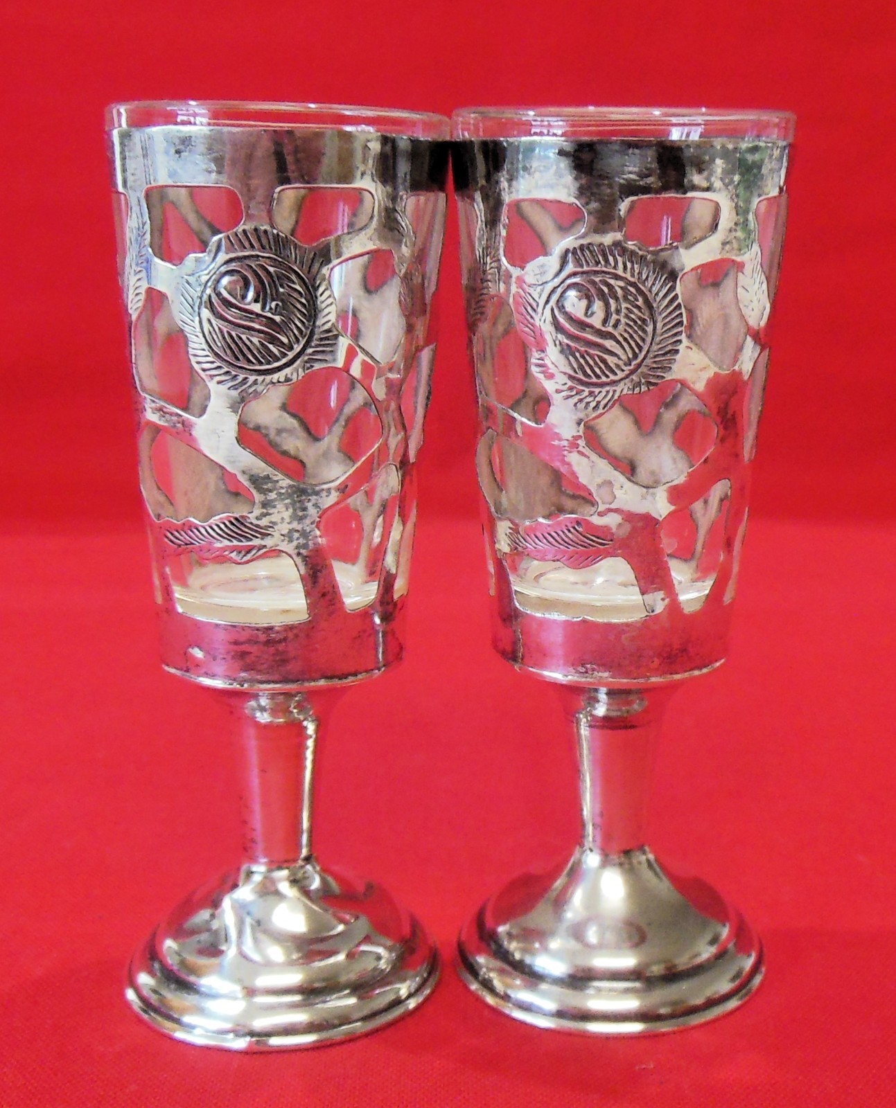 Set of 2 Sterling Overlay Stemmed Shot Glasses Mexico Use Repair Scrap