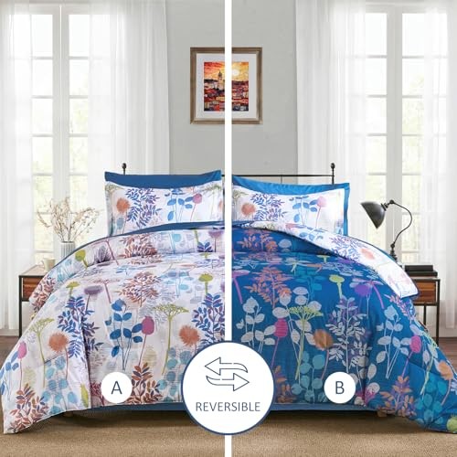 7Pieces Comforter Set, Colored Botanical Bed in a Bag Complete Queen Colorful
