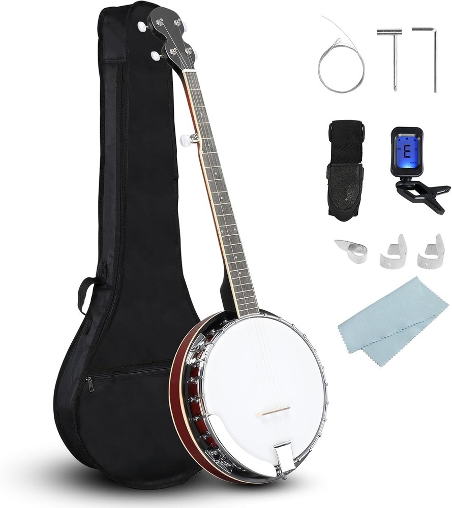 5 String Banjo Set,Full-Size Right Handed Closed Solid Sapele Back&Mahogany Neck