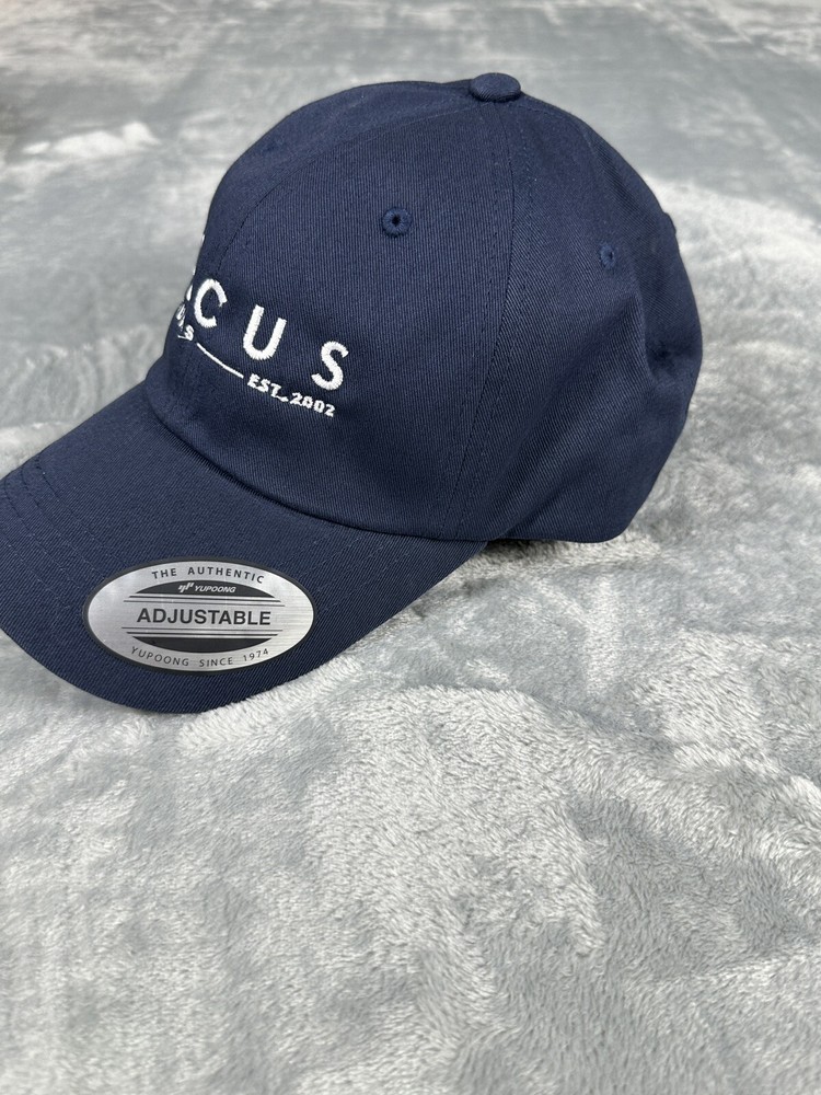 Focus Features Logo Hat Strap Back Cap Blue White Spell Out Adjustable Sizing