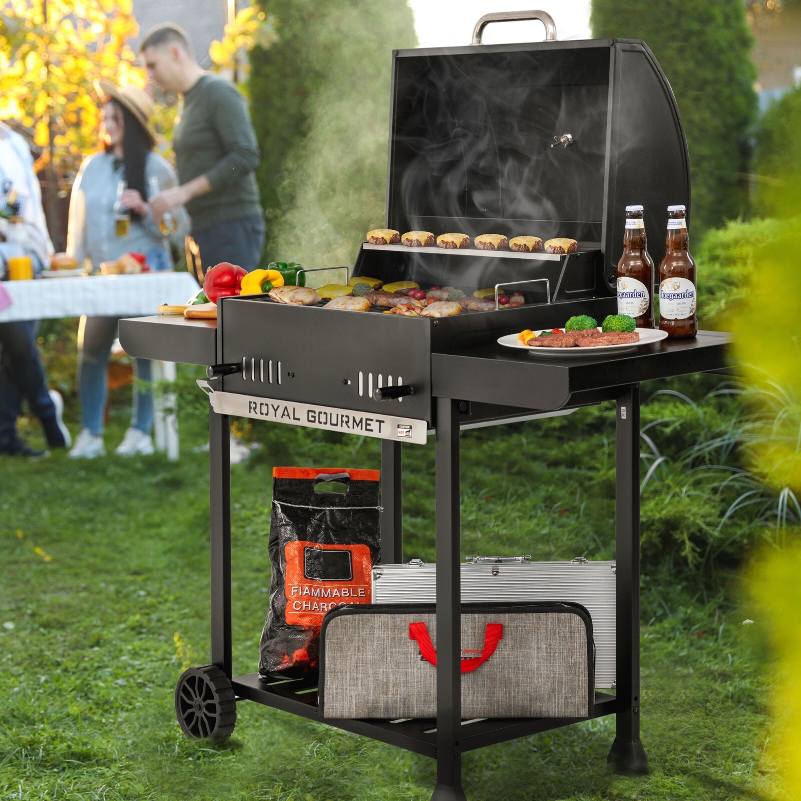 Royal Gourmet 24-Inch Movable Charcoal BBQ Grill with 2 Foldable Side Shelves