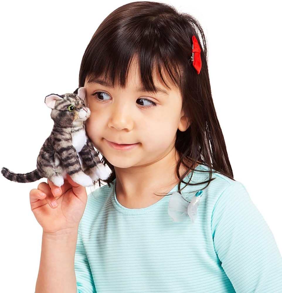 Folkmanis Mini Tabby Cat Finger Puppet, Gray; Black; White