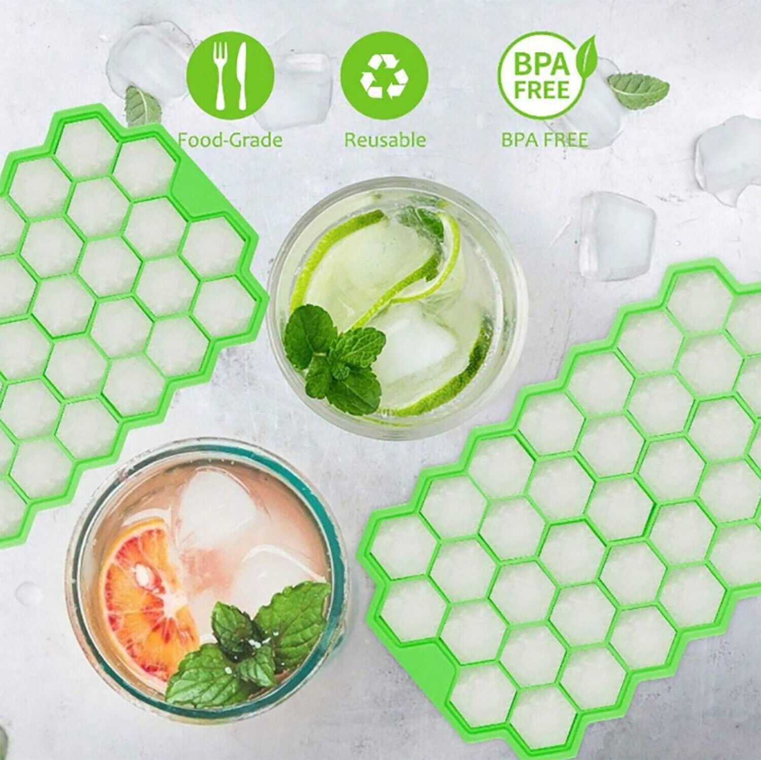 2x Silicone Ice Cube Trays Honeycomb 74-Ice Cube Molds with Lid Reusable Storage