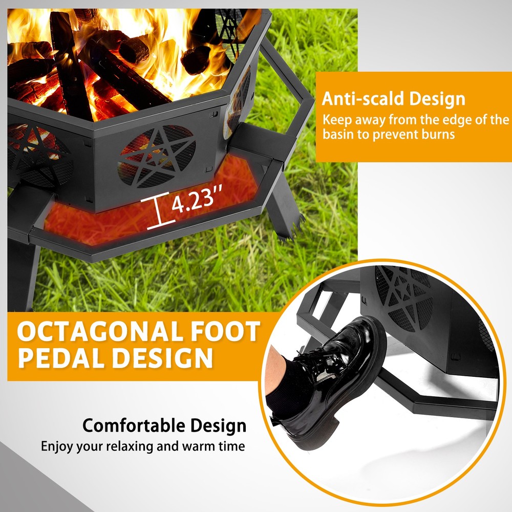 35"Octagonal Pit Outdoor Fire Pit Wood Burning Firepit Bonfire Fire Pit