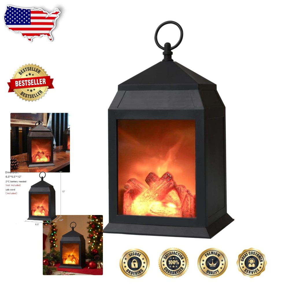 Black Tabletop Fireplace Lantern, Realistic Flame, Timer, USB/Battery, Indoor...