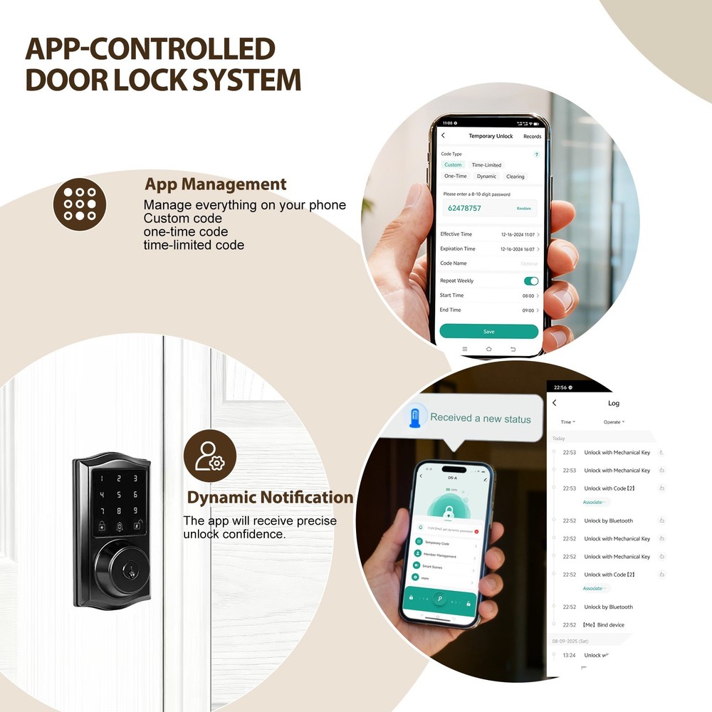 Smart Deadbolt Lock,Voice Prompt, Touchscreen Keyless Door Lock,App control