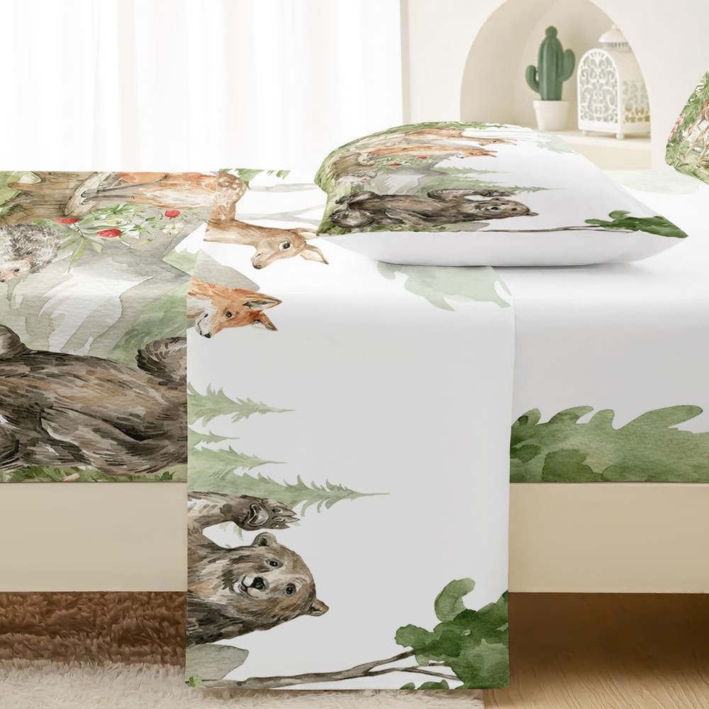 QOOMO Black Bear Watercolour Microfiber Flat Fitted Sheets Set for Children C...