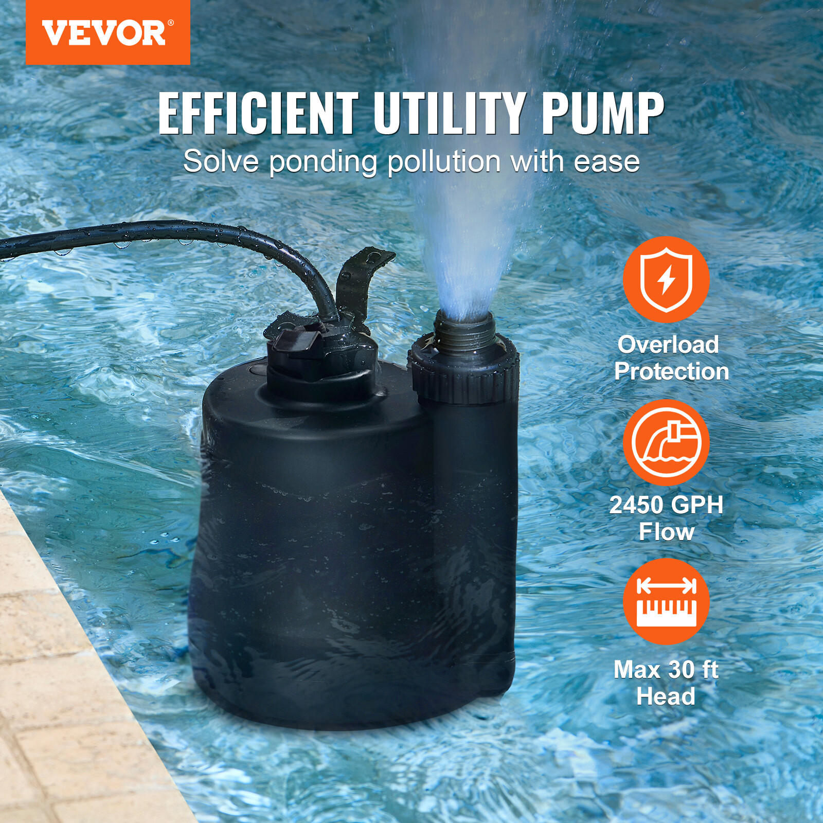 VEVOR Submersible Utility Pump Sump Pump 1/3 HP 2450 GPH 30 ft Head Water Pump