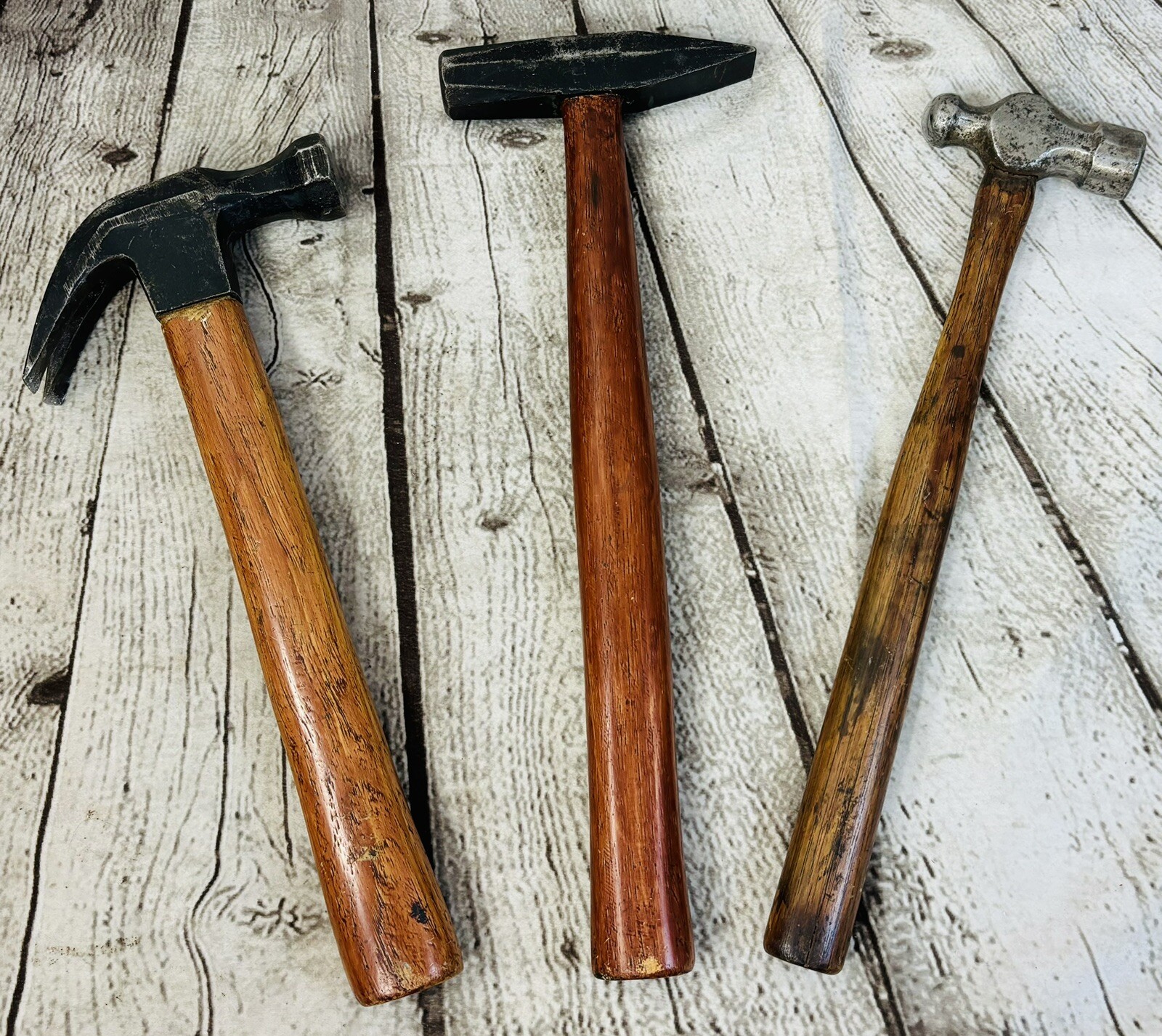 3 Vintage Wood Handled Hammers Stanley 308B Ball Peen, Claw & Cross Peen