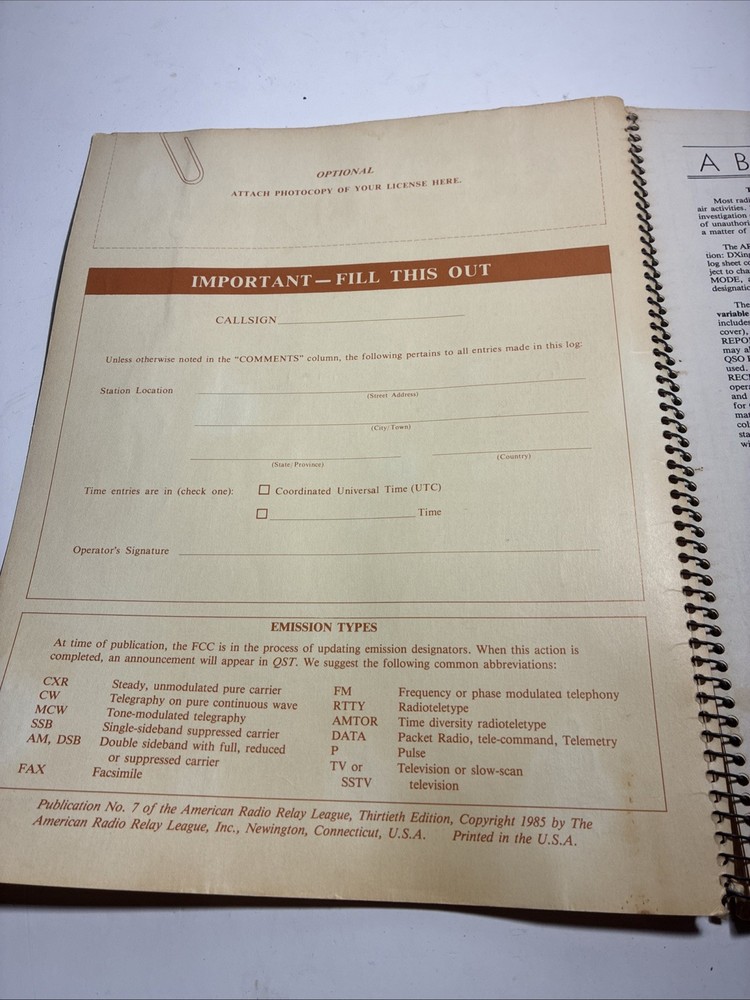 ARRL 1985 Ham Radio Log Book